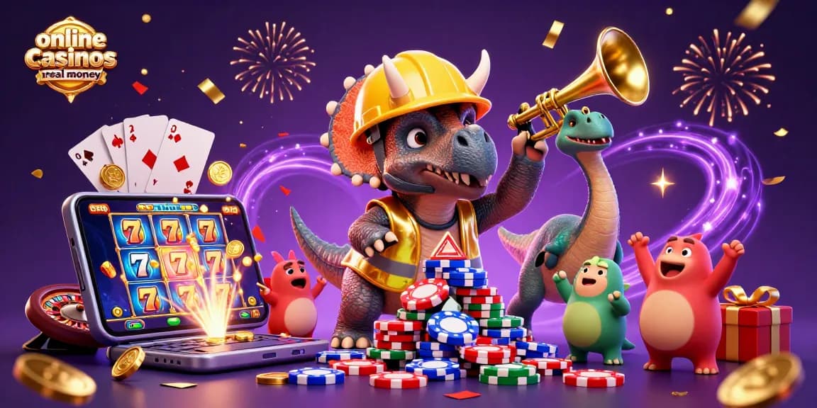 Engage in online casinos real money excitement with a triceratops celebrating construction of poker chip pyramid!
