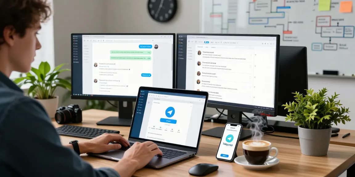Person using Telegram Web Version in a modern office environment, showcasing tech productivity.