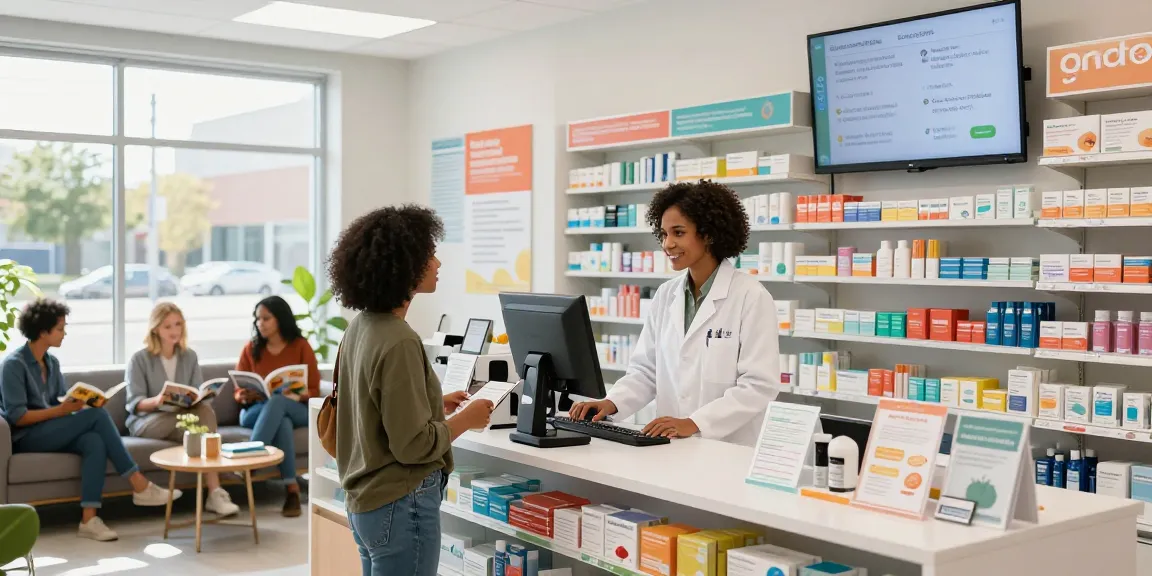 Canada medical shop where a pharmacist assists a customer with health products in a welcoming pharmacy