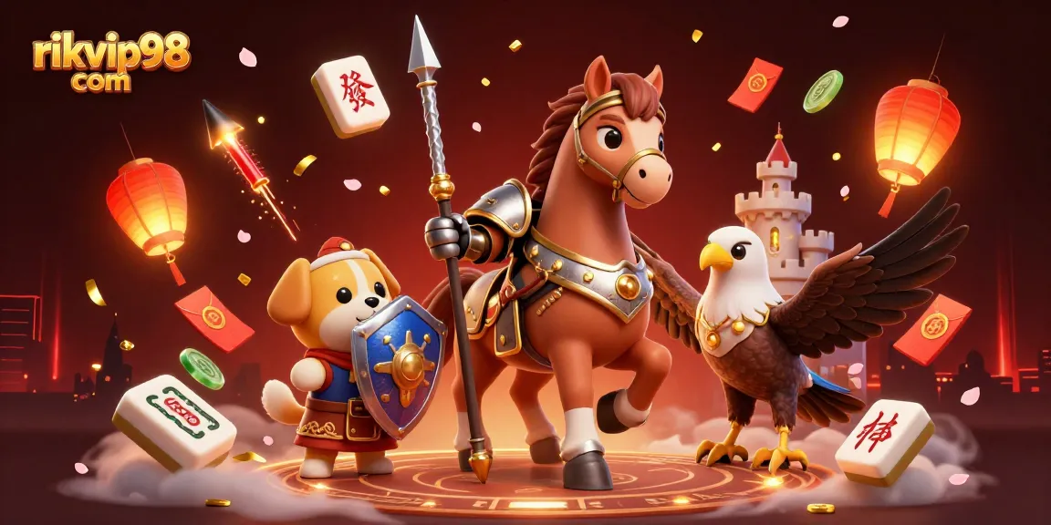 Enhance your gaming experience on rikvip98 com with lively 3D digital illustrations featuring knights and gaming elements.