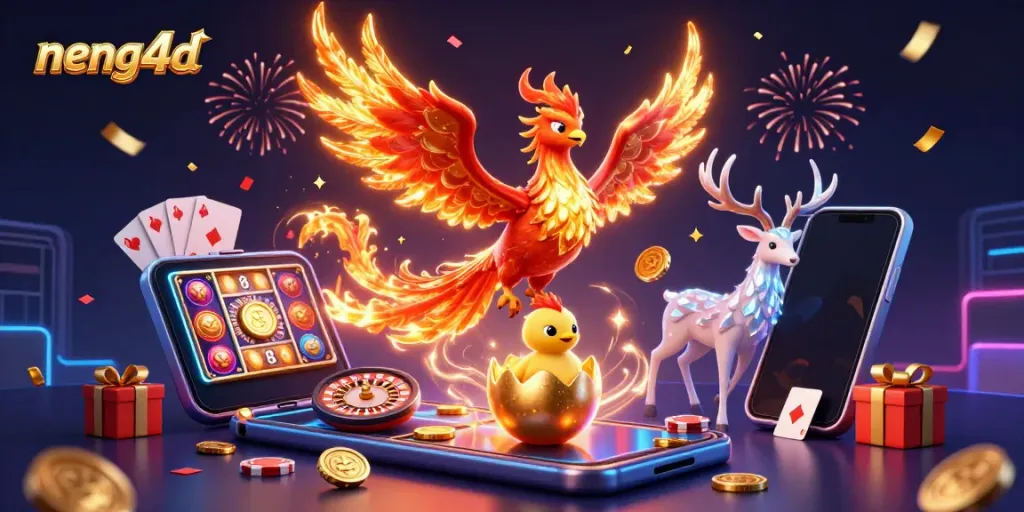 Mainkan slot di NENG4D dengan phoenix api dan elemen game mengkilap lainnya.