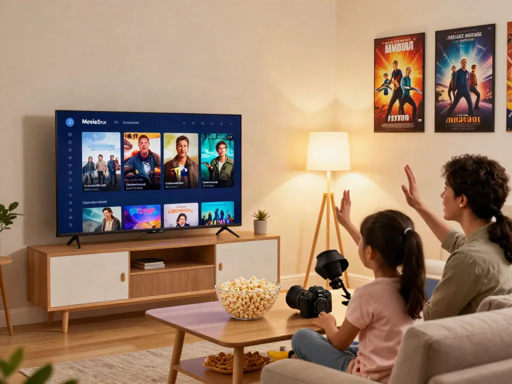 Family enjoying a movie box online streaming experience in a cozy living room.