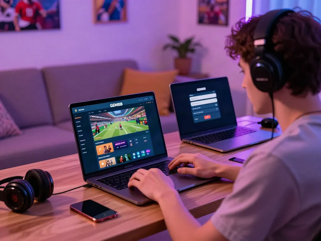 Engaging moment of a player using GEM88 for online betting in a vibrant home setup.