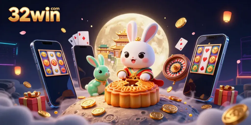 Experience exciting gaming at 32win com with a vibrant 3D casino scene featuring a moon rabbit.