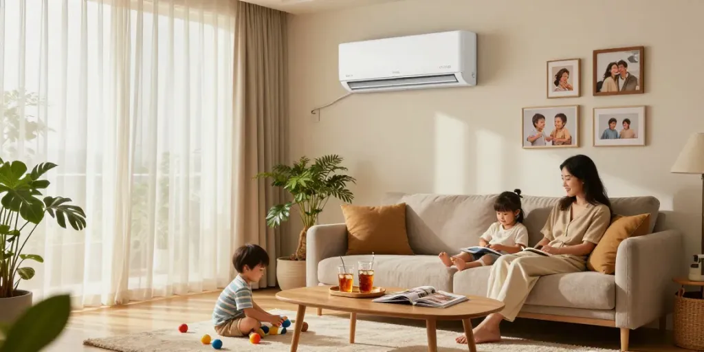 Stylish living room with a split ac unit providing efficient cooling in a cozy family setting.