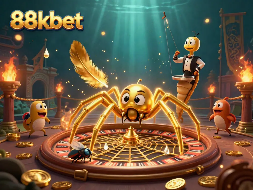88kbet showcases a vibrant 3D illustration with a spider, fly, and centipede in a casino-themed scene.