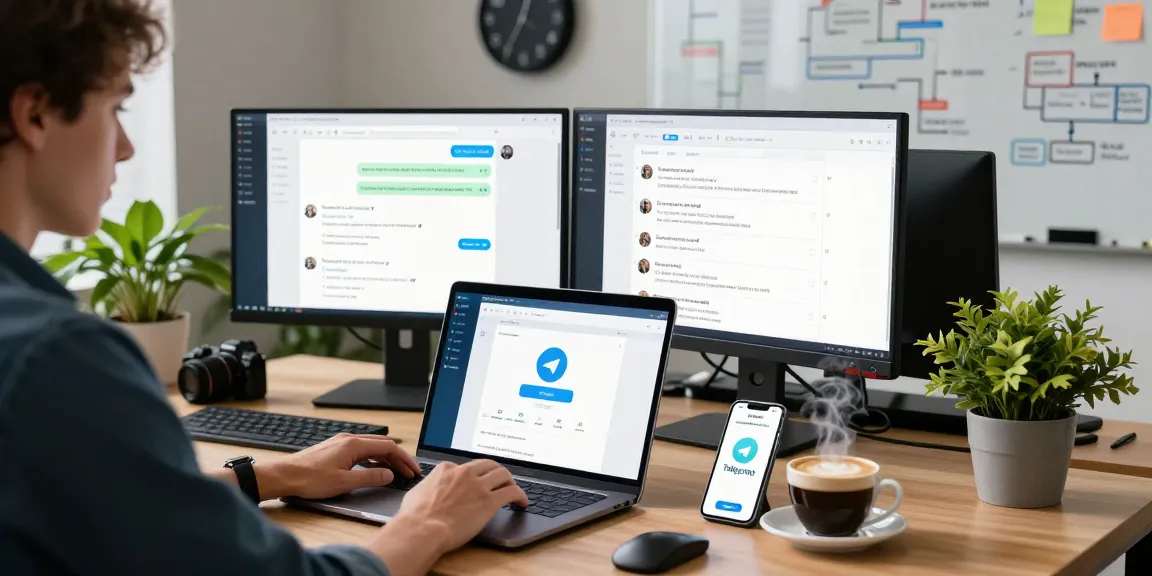 Person using Telegram Web Version in a modern office environment, showcasing tech productivity.
