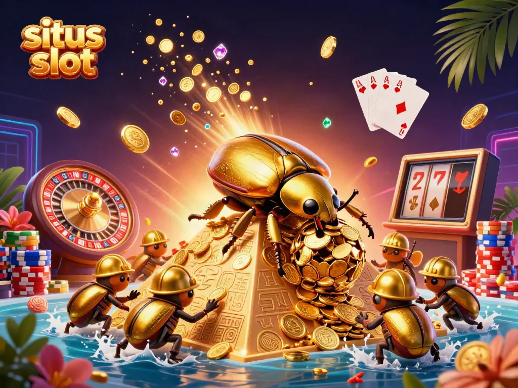 Experience the excitement of situs slot with a dynamic scene of a golden beetle and casino elements.