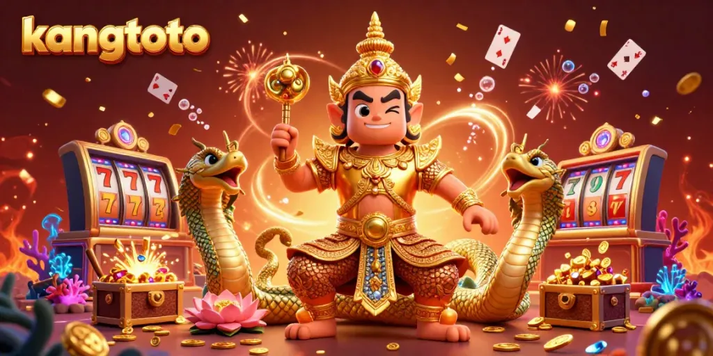 Gambar menarik dari kangtoto dalam suasana kasino dengan karakter penjaga kuil dan simbol permainan.
