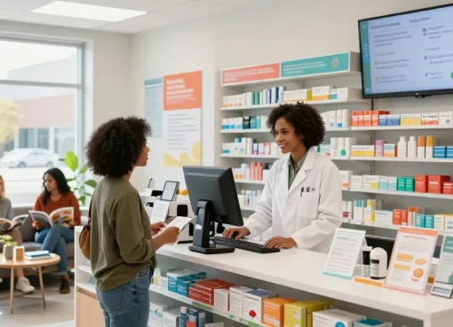 Canada medical shop where a pharmacist assists a customer with health products in a welcoming pharmacy